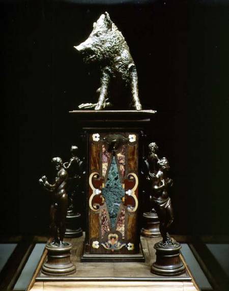 Statue of a wild boar on a pedestal of pietre dure with four allegorical figures von Francesco Giovanni Susini