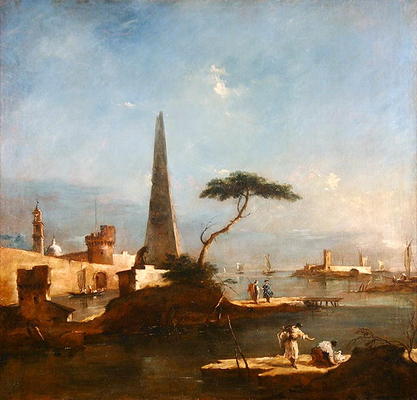 Obelisk beside the entrance to a walled harbour (oil on canvas) von Francesco Guardi