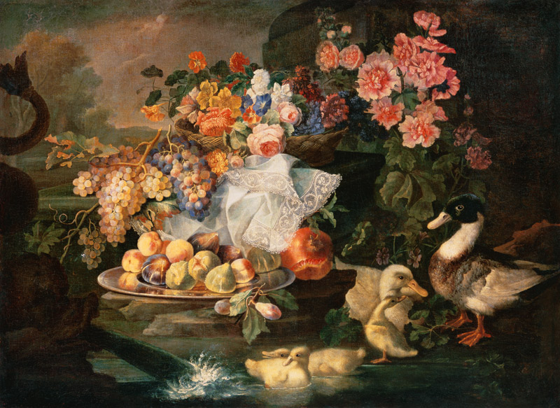 Still Life of Fruit and Flowers with a Duck, Drake and Ducklings von Francesco Morosini