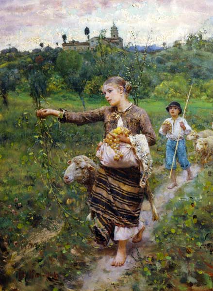 Shepherdess carrying a bunch of grapes von Francesco Paolo Michetti