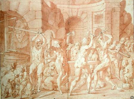 Cylopses in the Forge of Vulcan (pen & ink and red chalk on paper) von Francesco Primaticcio