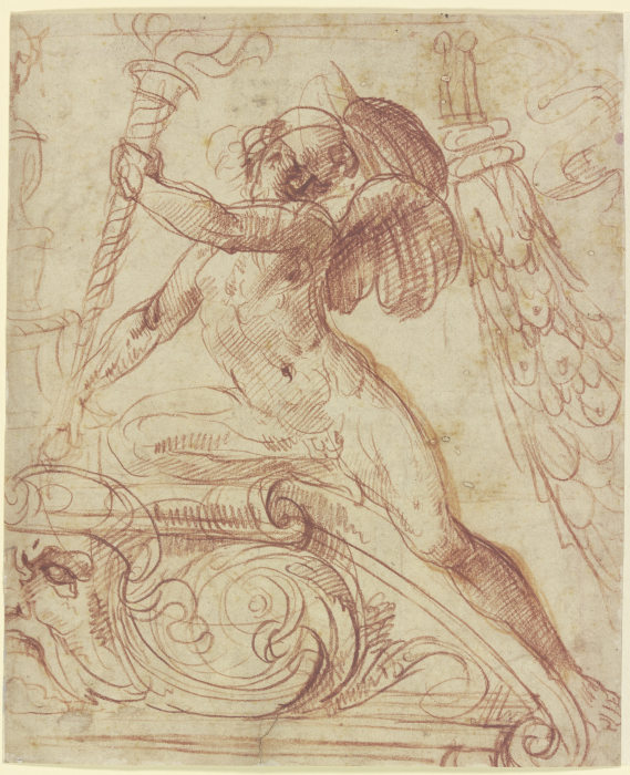 Putto mit brennender Fackel auf einem Rundgiebel kniend von Francesco Salviati