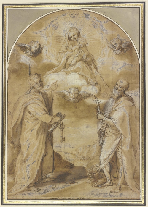 Die Madonna mit dem Jesuskind erscheint in einer engelgesäumten Gloriole den Heiligen Petrus und Hie von Francesco Vanni