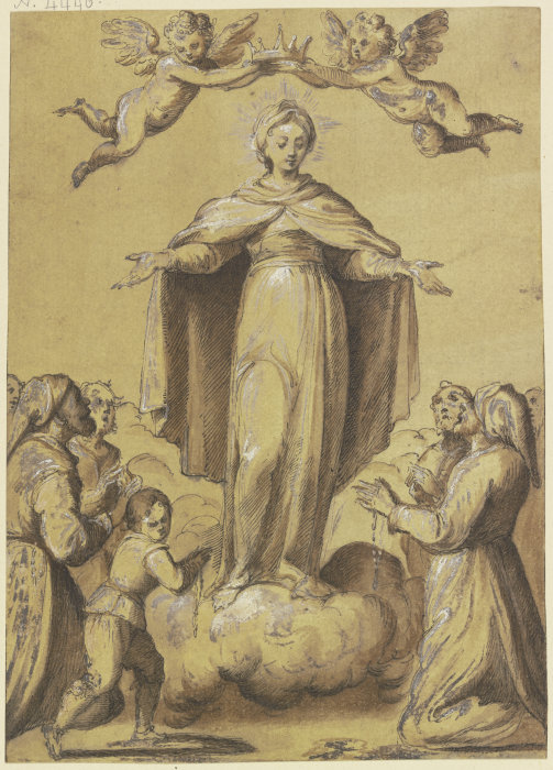 Maria auf Wolken stehend, zwischen Anbetenden mit Rosenkränzen von Francesco Vanni