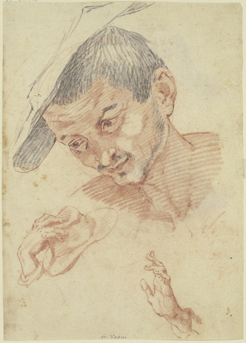 Studienblatt: Kopf, eine den Hut abnehmende Hand sowie die anbetend erhobene Hand eines anbetenden H von Francesco Vanni