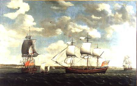 Portrait of an East Indiaman in three positions off Portsmouth von Francis Holman
