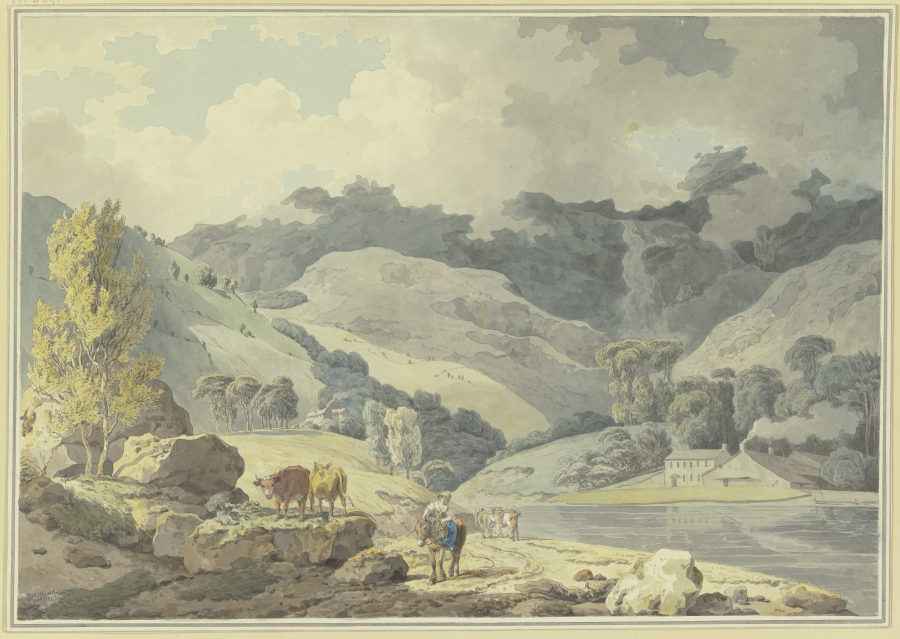 Gebirgslandschaft, auf dem Weg ein Mädchen zu Pferde, links zwei Kühe von Francis Wheatley