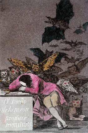 The Sleep of Reason Produces Monsters, plate 43 of 'Los Caprichos', published c.1810 (colour engravi 19th