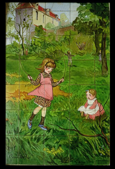 Tiles decorated with children playing in a garden von Francisque Poulbot