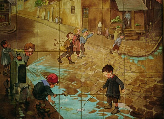 Tiles depicting children playing in the street von Francisque Poulbot