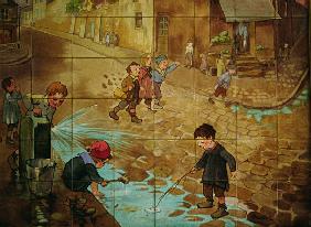 Tiles depicting children playing in the street