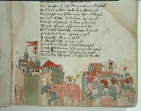 Ms Est 27 W 8.17 f.6r Peasants entering a town with their cattle and the arrival of Attila's army, f 1902