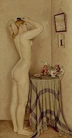 Frauenakt vor einem Spiegel, das Haar ordnend. von François Barraud
