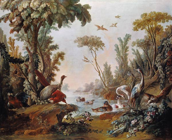 See mit Gänsen, Störchen, Papageien und Reihern aus dem Salon von Gilles Demarteau von François Boucher