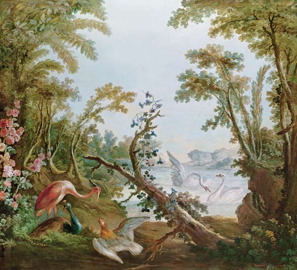 Lake with swans, a flamingo and various birds, from the salon of Gilles Demarteau von François Boucher