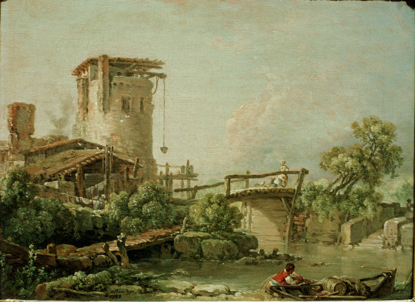 Landschaft mit Turm u.Brücke von François Boucher