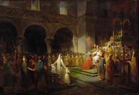 Die Salbung  Pippins zum König durch durch Papst Stephan II. in der Basilika Saint-Denis am 28. Juli 1837