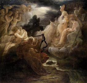 Ossian erweckt am Ufer der Lora mit dem Klang seiner Harfe die Geister 1801