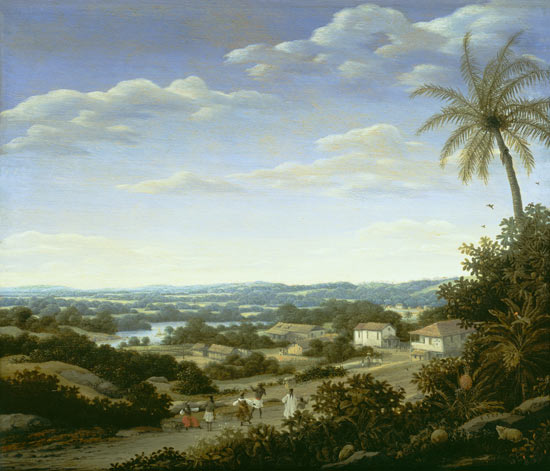 Brazilian landscape with natives on a road approaching a village von Frans Post