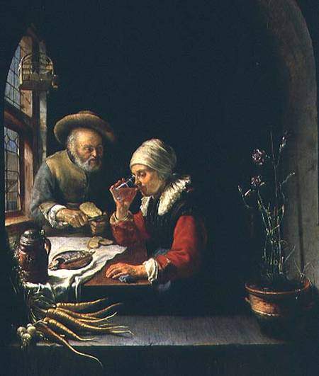 An Elderly Couple Eating (panel) von Frans van d.Ä Mieris