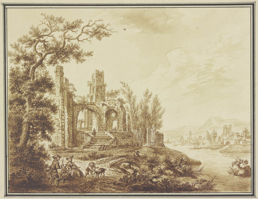 Links unter einem Baum Ruinen, rechts Ausblick auf eine Flußlandschaft, im Vordergrund ein rastendes von Franz Hochecker