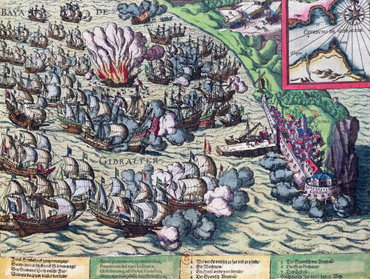 Fighting off the Coast of Gibraltar, printed on 25th May 1607 (coloured engraving) von Franz Hogenberg