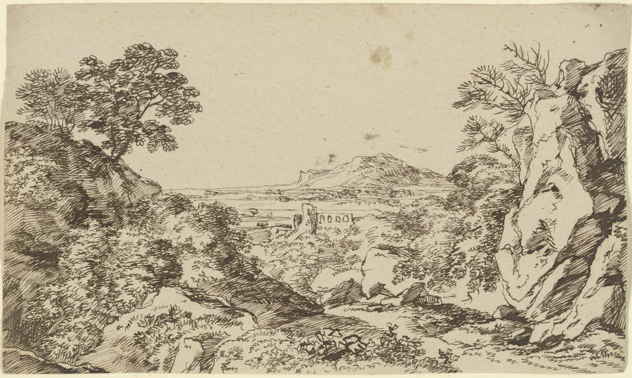 Ausblick auf eine Landschaft mit Burgruine im Mittelgrund von Franz Innocenz Josef Kobell