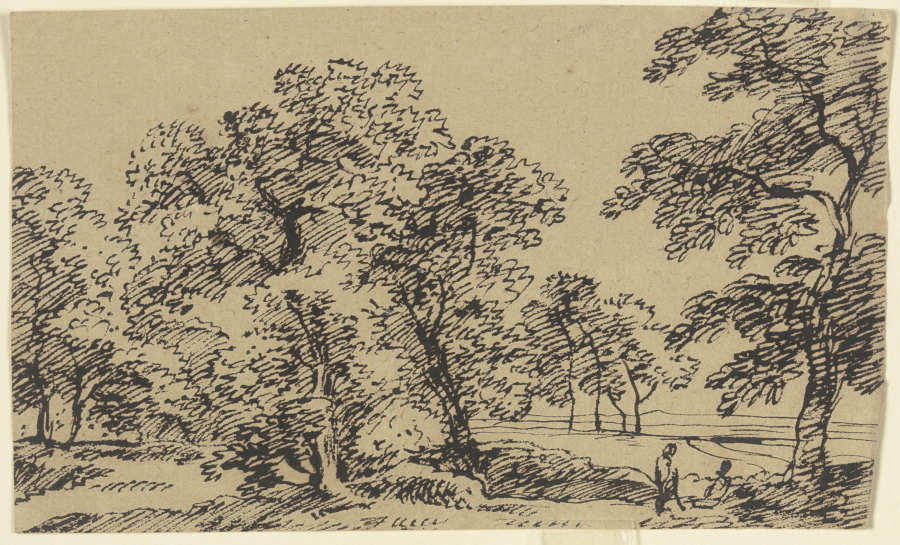 Baumbestandene Ebene, durch die sich ein Weg schlängelt, im Vordergrund rechts zwei rastende Wandere von Franz Innocenz Josef Kobell