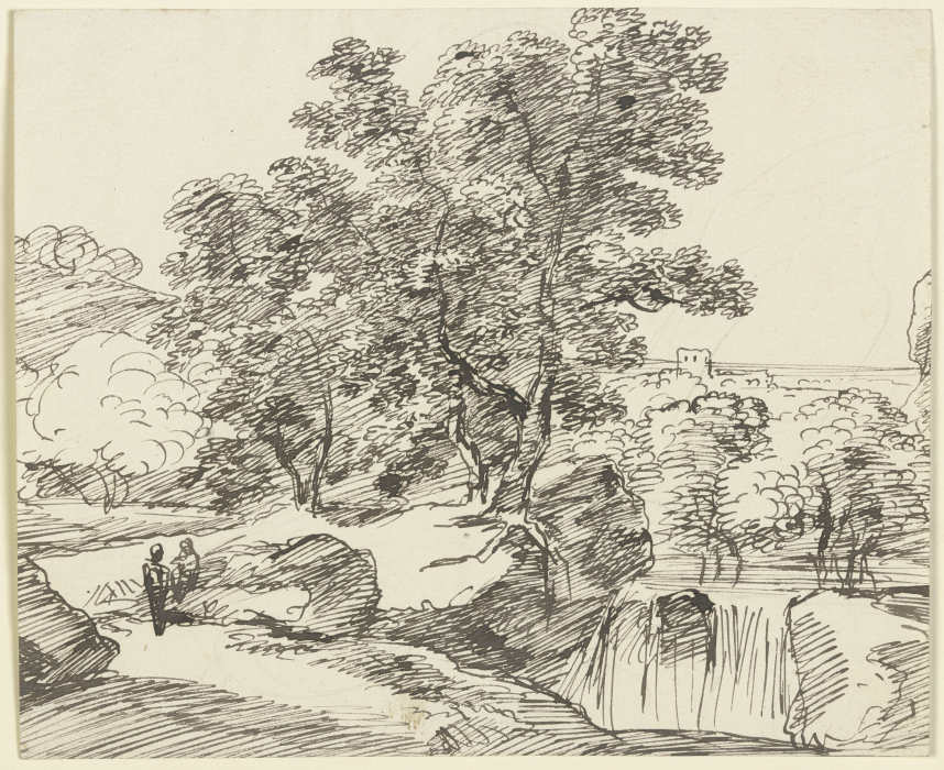 Baumbestandener Fluss mit Wasserfall von Franz Innocenz Josef Kobell