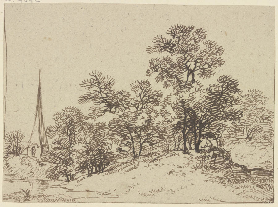 Baumgruppe, links ein Kirchturm von Franz Innocenz Josef Kobell