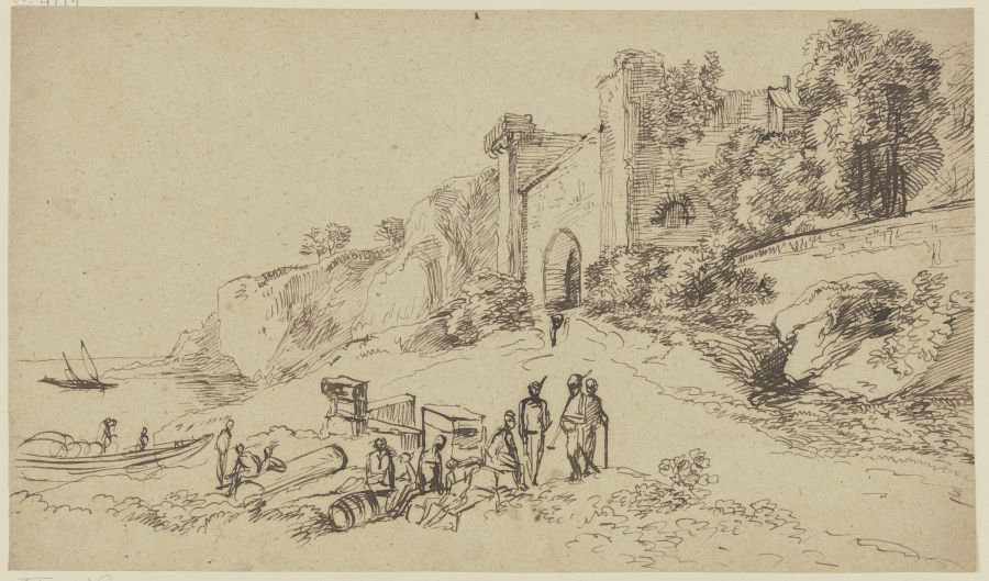 Burgruine und Figurengruppen an einem Ufer von Franz Innocenz Josef Kobell