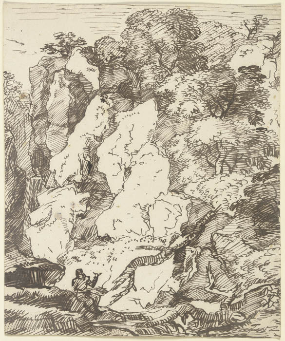 Ein rastender Wanderer zu Füßen einer Felswand sitzend, mit deiktischem Gestus auf diese weisend (?) von Franz Innocenz Josef Kobell