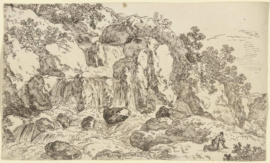 Felslandschaft mit Wasserfall, rechts eine auf allen Vieren kriechende Gestalt von Franz Innocenz Josef Kobell