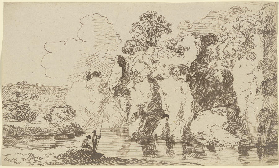 Felswand an einem Gewässer mit zwei Anglern von Franz Innocenz Josef Kobell