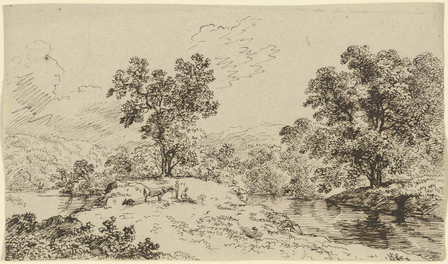 Flusslandschaft, im Vordergrund zwei Gestalten mit einem ins Joch gespannten Ochsen, etwas ziehend von Franz Innocenz Josef Kobell