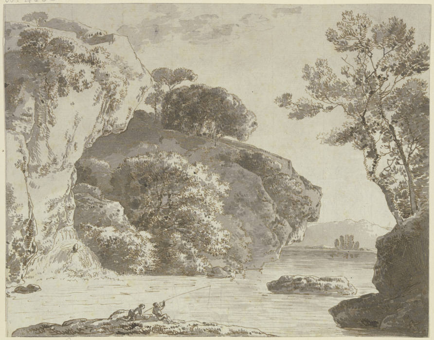 Gewässer bei hohen Felsen, im Vordergrund zwei Angler von Franz Innocenz Josef Kobell