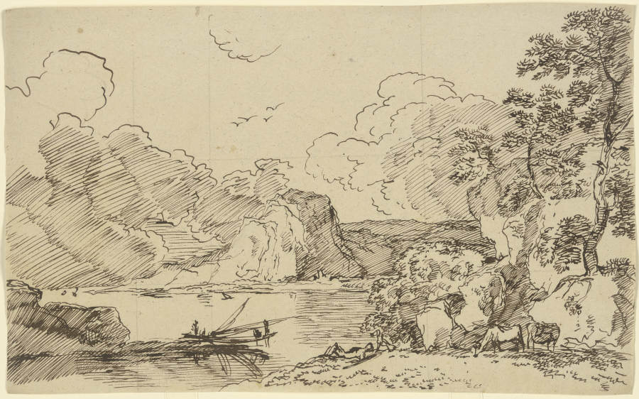 Gewässer in einer Berglandschaft, im Vordergrund Fischer und weidende Kühe von Franz Innocenz Josef Kobell
