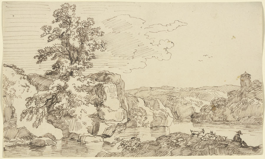 Gewässer mit Felsufer, im Vordergrund ein Hirte mit Ziegen von Franz Innocenz Josef Kobell