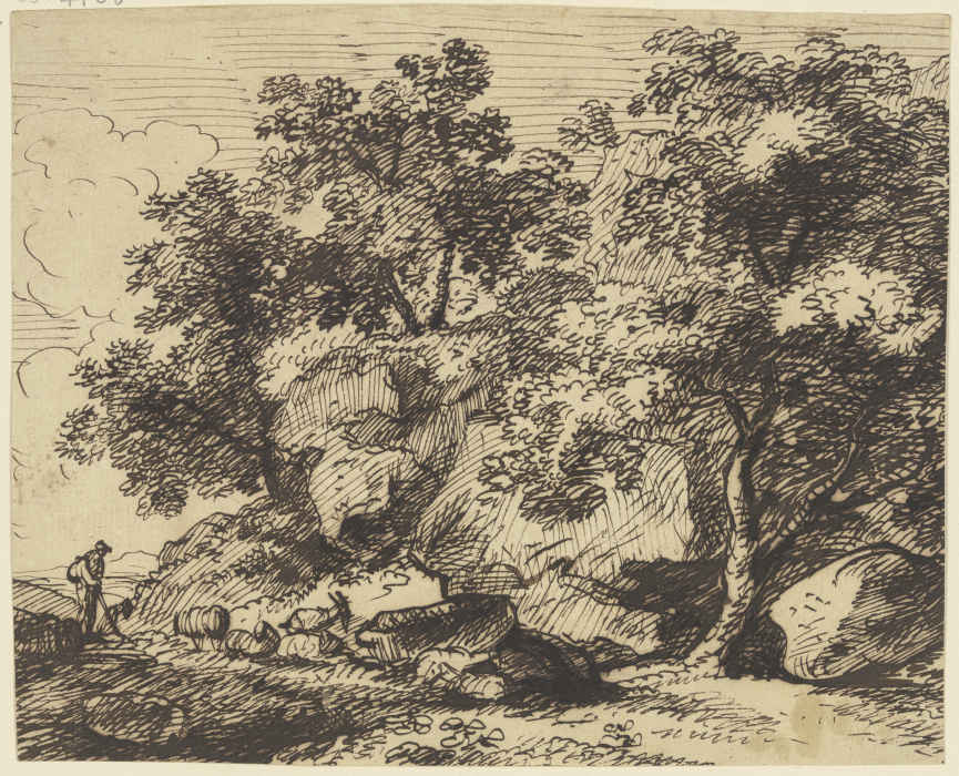 Hirt und Herde in felsiger Landschaft mit Bäumen von Franz Innocenz Josef Kobell
