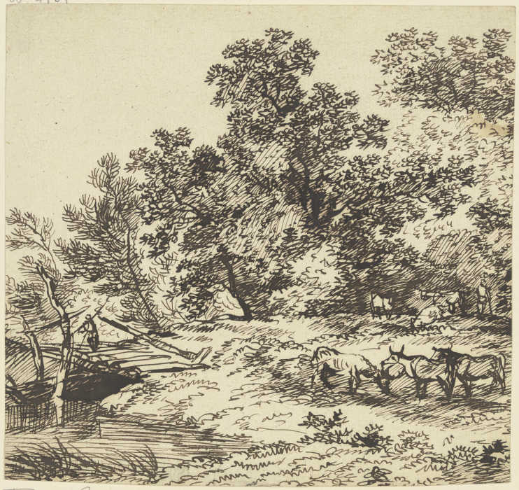 Hirt und Herde unter Bäumen, links eine Brücke von Franz Innocenz Josef Kobell