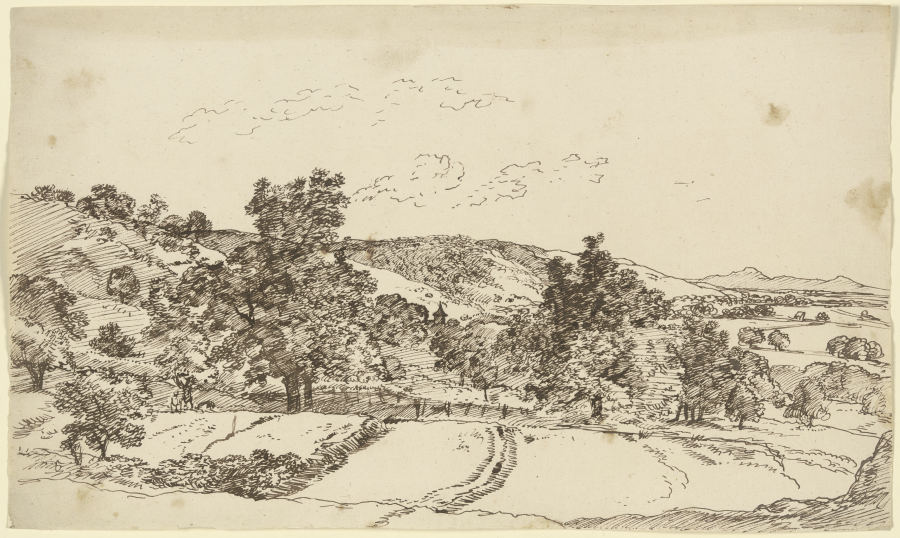 Hügellandschaft mit Feldern und einem von Bäumen verdeckten Dorf von Franz Innocenz Josef Kobell