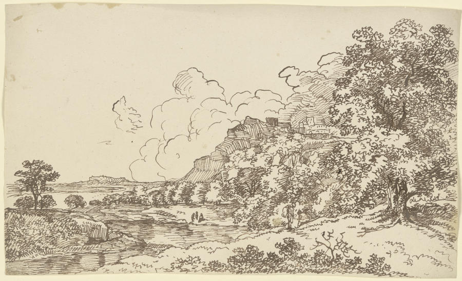 Landschaft mit Gewässer, rechts auf einem Berg eine Festungsanlage von Franz Innocenz Josef Kobell