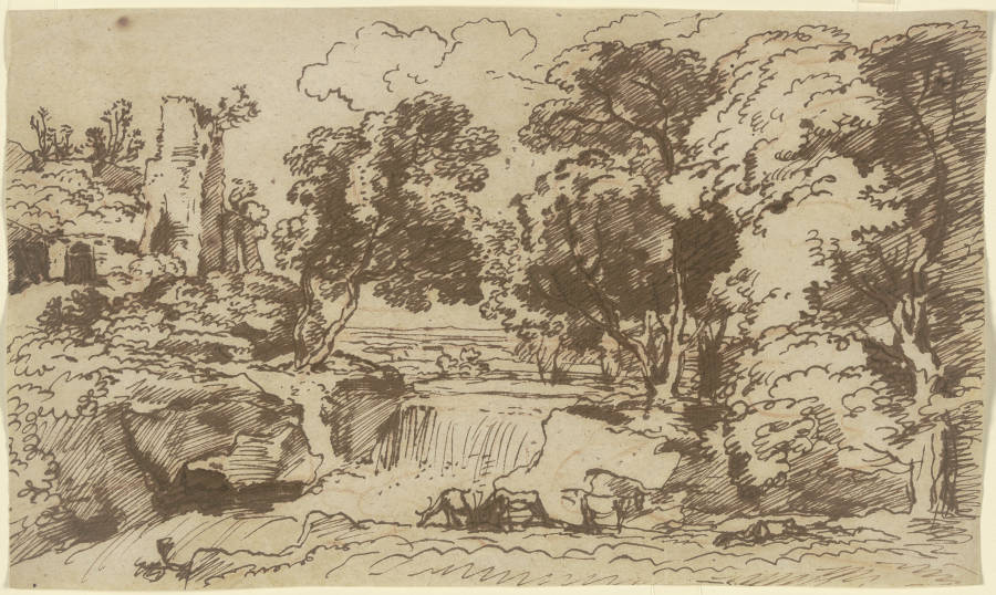 Ruine an einem baumbestandenen Wasserfall von Franz Innocenz Josef Kobell