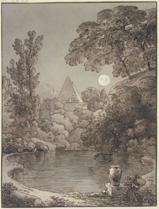 See bei Mondschein, im Hintergrund eine Pyramide von Franz Innocenz Josef Kobell