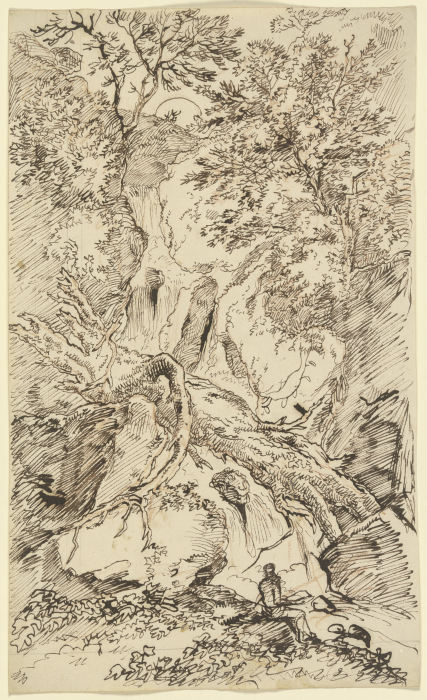 Zerborstene Baumstämme in einer Felsschlucht mit Wasserfall, davor ein rastender Wanderer von Franz Innocenz Josef Kobell