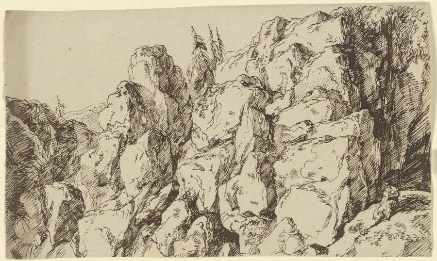 Zerklüftete Felswand, vorne rechts eine am Hang sitzende Gewandfigur von Franz Innocenz Josef Kobell