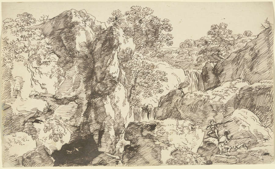 Zwei Jäger mit Hund in einer Felswand stehend von Franz Innocenz Josef Kobell