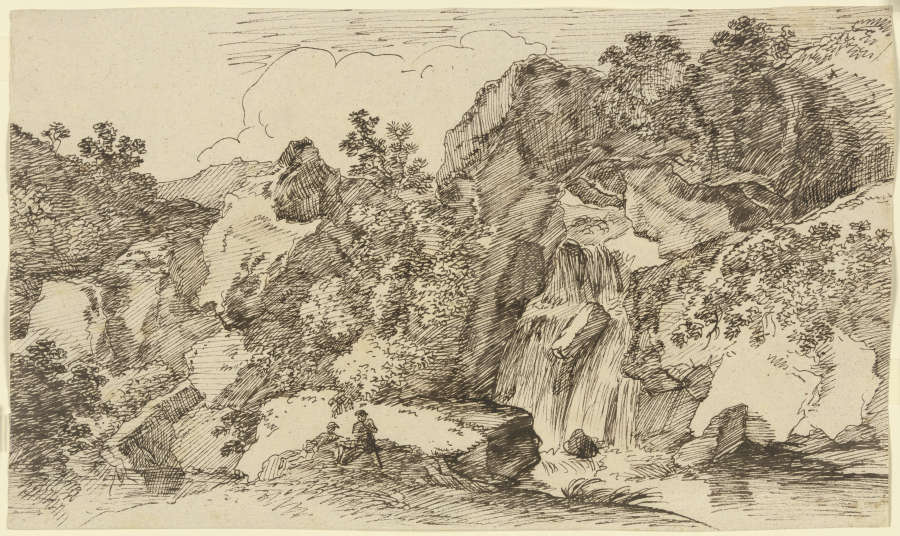 Zwei Wanderer am Wasserfall im Gebirge ruhend von Franz Innocenz Josef Kobell