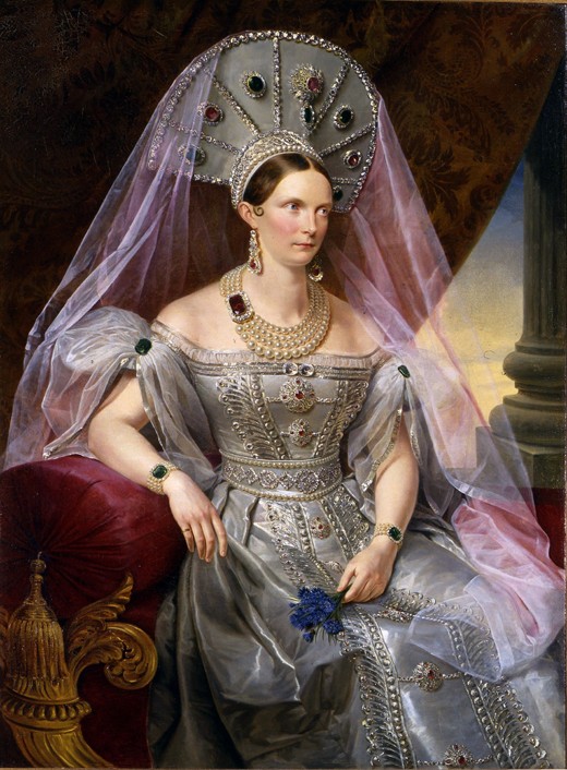 Porträt der Kaiserin Alexandra Fjodorowna (Charlotte von Preußen), in russischer Tracht mit Kokoschn von Franz Krüger