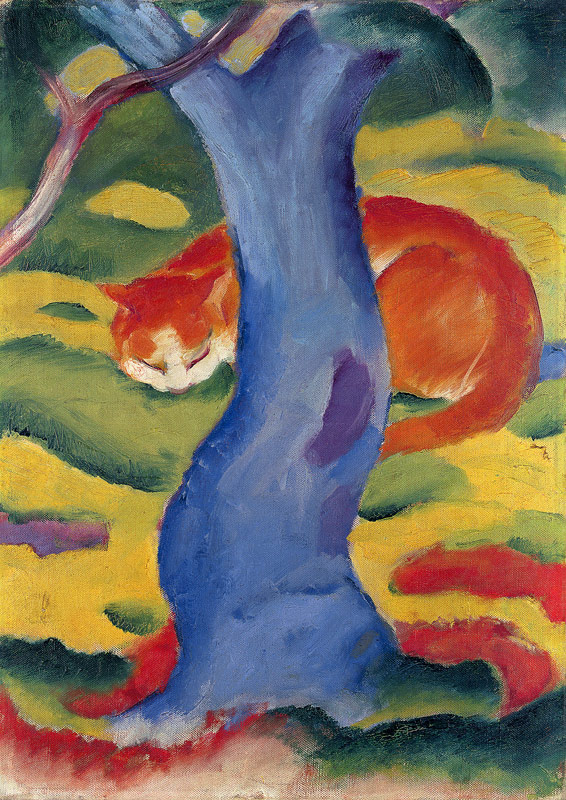 Katze hinter einem Baum. von Franz Marc